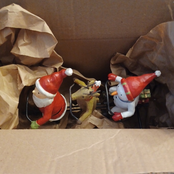 Kitsch Santa Claus and Company on Tricycle Snowman Reindeer Deer Gifts Triplet - Picture 8 of 8